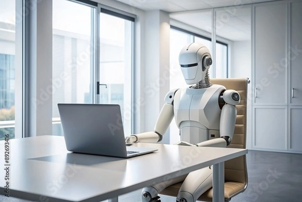 Fototapeta White robot sitting at modern desk with open laptop, gazing towards empty doorway in sleek white office, symbolizing future of artificial intelligence assistance.