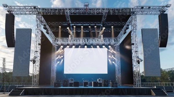 Obraz Stage concert large modern rigging and white blank screen technology,sound system,lighting power background wallpaper AI generated image