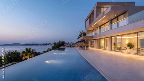 Obraz Luxury modern beige villa in a minimalist style in shore sea vie. Infinity pool in front of the villa. Modern architecture and investment in luxury real estate by the sea relax concept. Generative AI.
