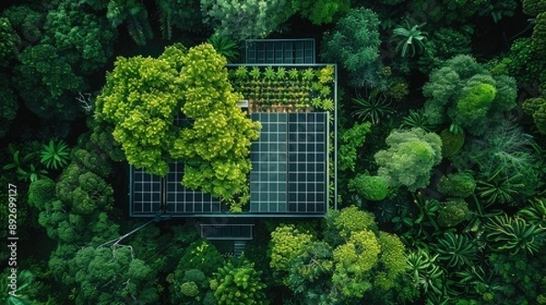 Fototapeta Aerial view of an eco-friendly house with a green roof, surrounded by lush forest, highlighting sustainable living and integration with nature