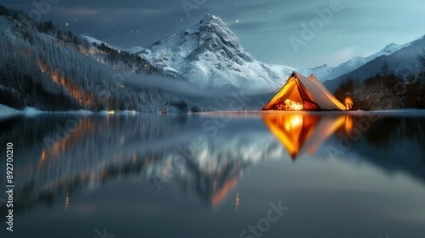 Fototapeta A small yellow tent is set up on a mountain top. The tent is surrounded by a lake and mountains. The scene is peaceful and serene, with the sun setting in the background