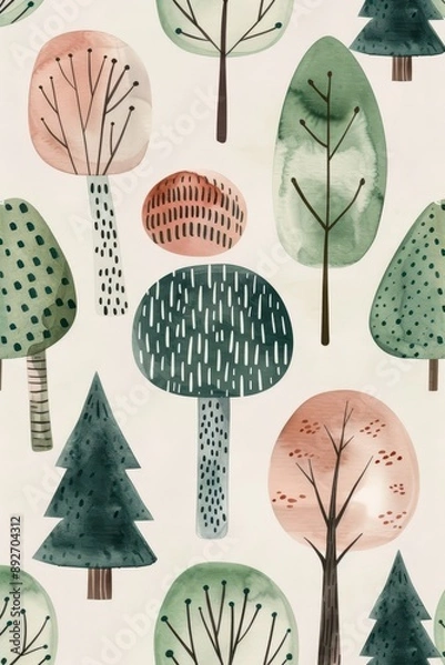 Fototapeta A painting of trees and leaves with a blue background. The trees are green and the leaves are also green