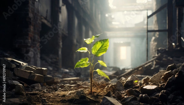 Obraz Small Plant in Abandoned Building