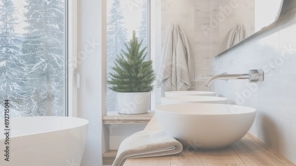 Fototapeta Modern bathroom with a minimalist design featuring white fixtures, a wooden countertop, a small plant, and a snowy outdoor view through a large window.