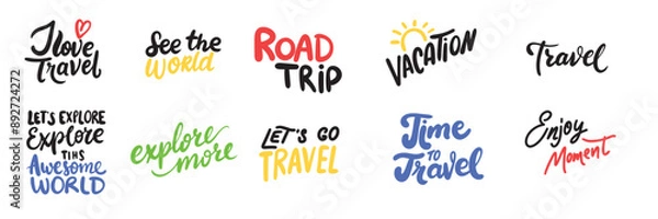 Fototapeta Collection of travel phrases text lettering. Hand drawn vector art.