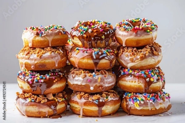 Obraz Stacked donuts with colorful sprinkles, showing an example of ultra processed food