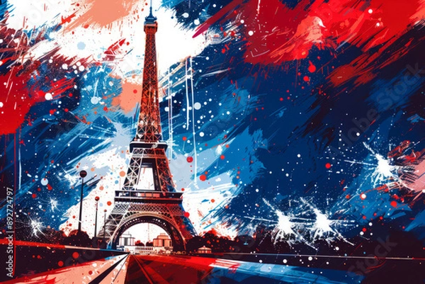 Obraz A stylized, abstract painting of the Eiffel Tower in Paris at night, with vibrant colors and brushstrokes.