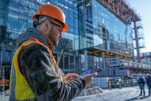 Obraz A construction worker wearing a safety vest is using a tablet to check a building's blueprints