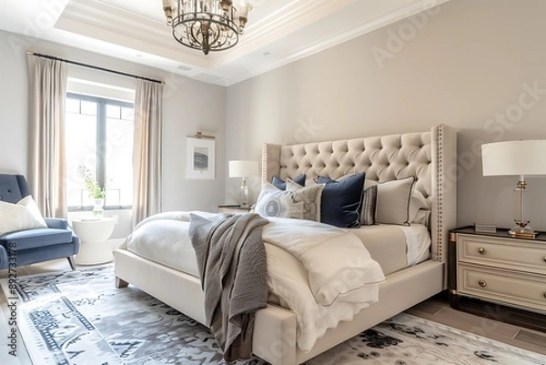 Fototapeta A luxurious master bedroom with a sophisticated bed, high-end finishes, and a serene color palette for a calming effect. Stunning, crisp, vivid, detailed, high-contrast, 