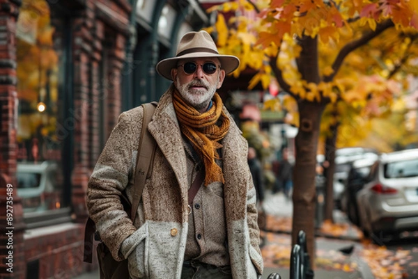 Fototapeta a man in a thick coat and scarf walks along a sunlit city street with fallen leaves and a fresh autumn breeze