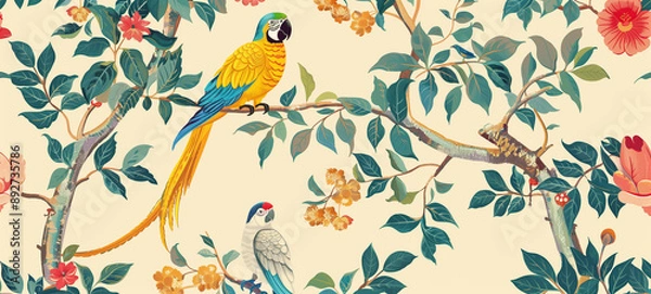 Fototapeta A whimsical pattern featuring parrots perched on tree branches, surrounded by lush foliage and delicate flowers