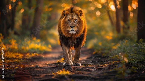 Obraz A majestic lion walking on the path in a beautiful savannah. African wildlife