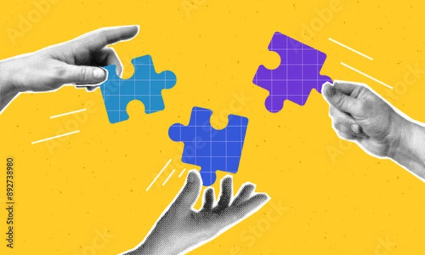 Obraz Collage with halftone hands putting puzzle together. Teamwork concept vector pop art retro style illustration. Partnership and  relationship design element for infographic, poster, website