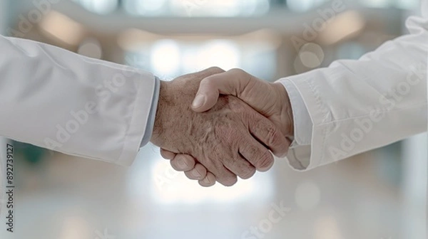 Fototapeta Professional man shaking hands, front view, soft-focus university campus setting, close-up shot, agreeing on an educational partnership.