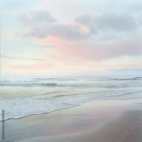 Fototapeta Scenic artwork showcasing a beach at dusk, with vibrant colors in the sky.