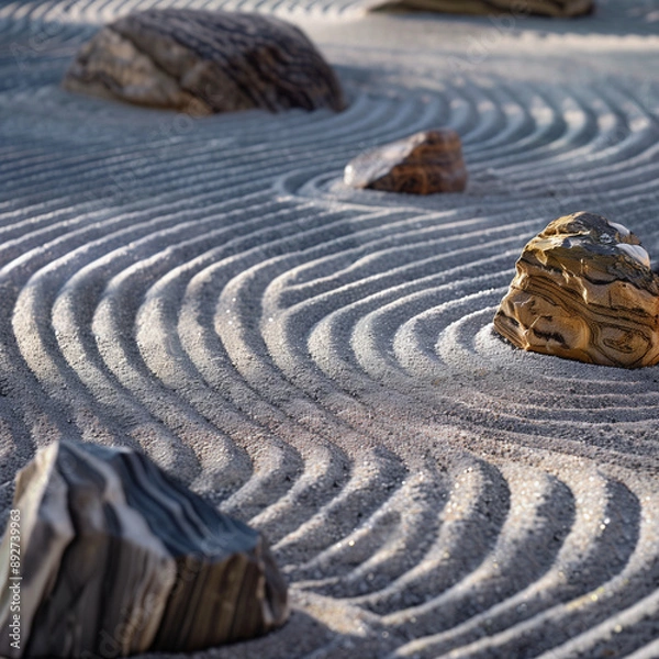 Fototapeta A serene zen garden with carefully arranged rocks and sand, creating a peaceful and harmonious atmosphere. 