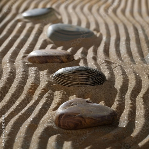 Fototapeta Tranquil zen garden featuring rocks and sand meticulously arranged to promote relaxation and mindfulness.