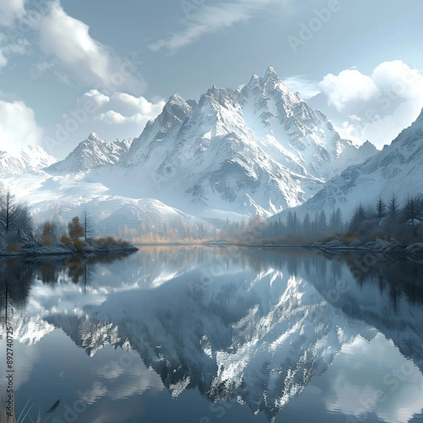 Fototapeta Reflection of mountain range in crystal-clear lake, highlighting the tranquility of the scene.
