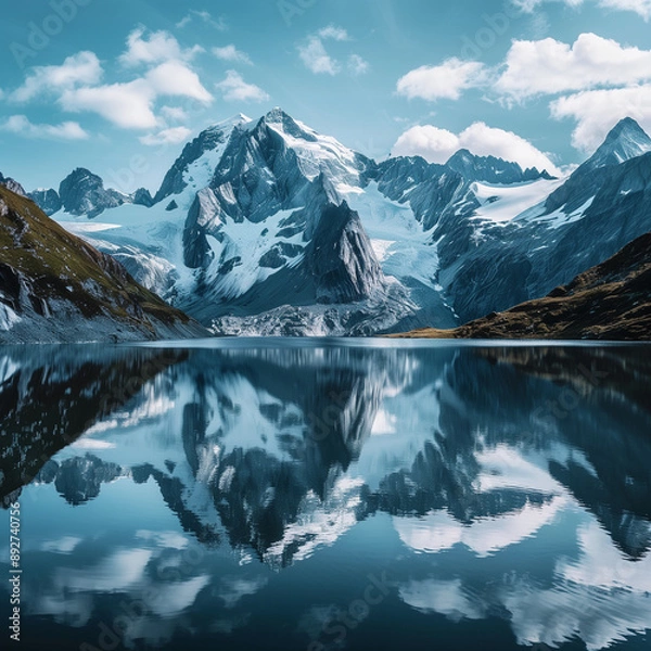 Fototapeta Scenic view of mountain range mirrored in still lake, capturing the peacefulness of nature.