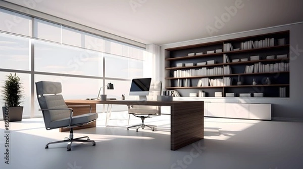 Fototapeta Modern office with large bookshelf