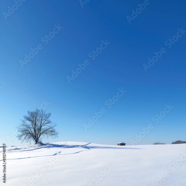 Fototapeta A solitary tree standing in a field blanketed with snow.