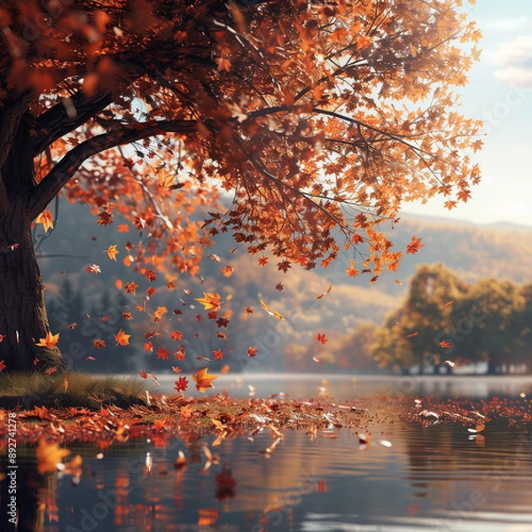 Fototapeta A serene landscape with a calm lake reflecting the colorful autumn trees under a clear blue sky.