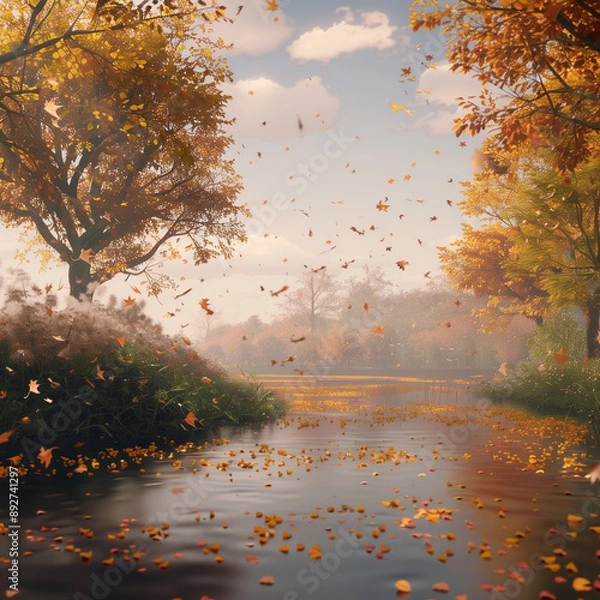 Fototapeta Serene autumn scene with colorful trees mirrored in a calm lake under a blue sky.