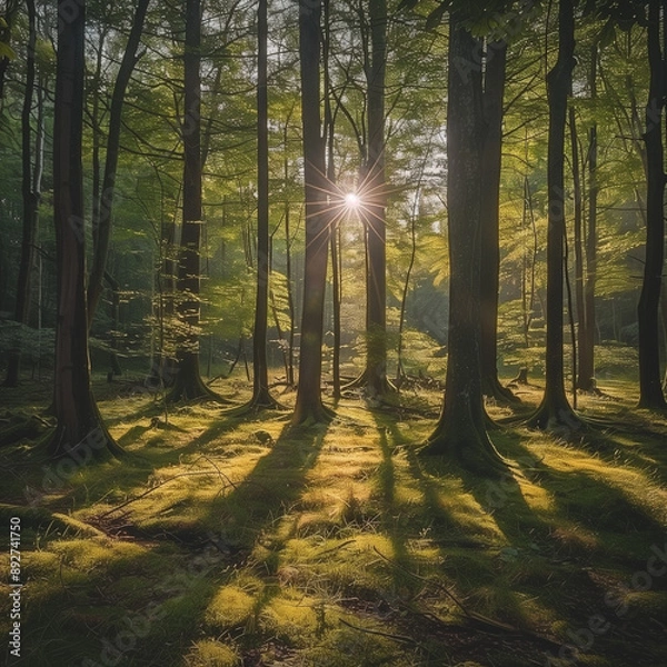Fototapeta A dense, dark forest with tall trees and thick undergrowth.
