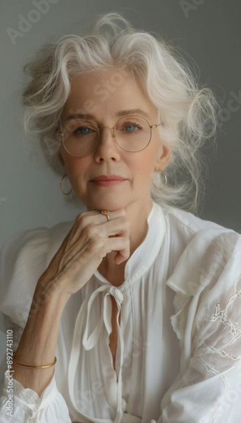 Fototapeta Retrato de Corpo de Idosa Brasileira Elegante com Roupa Branca e Óculos, Fundo Branco, Fotorealismo IA Generativa