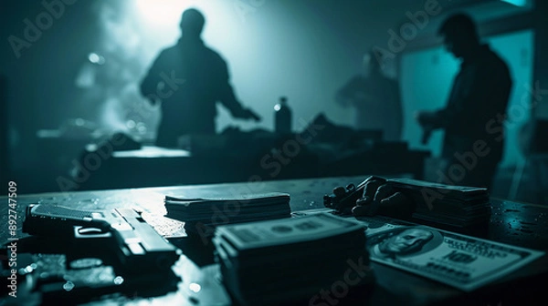 Obraz A dark, dramatic scene of organized crime with weapons and stacks of money on a table, depicting the dangerous and illicit underworld.