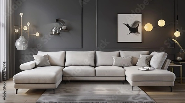 Fototapeta Contemporary living room with a sleek sectional sofa against a dark gray wall, adorned with chic decor and soft, ambient lighting, creating a cozy yet modern vibe with ample copy space