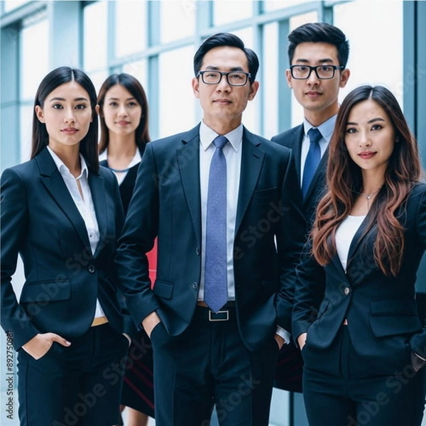 Fototapeta Portrait of a group of stylish asian people in suits. A group of businessmen in suits.