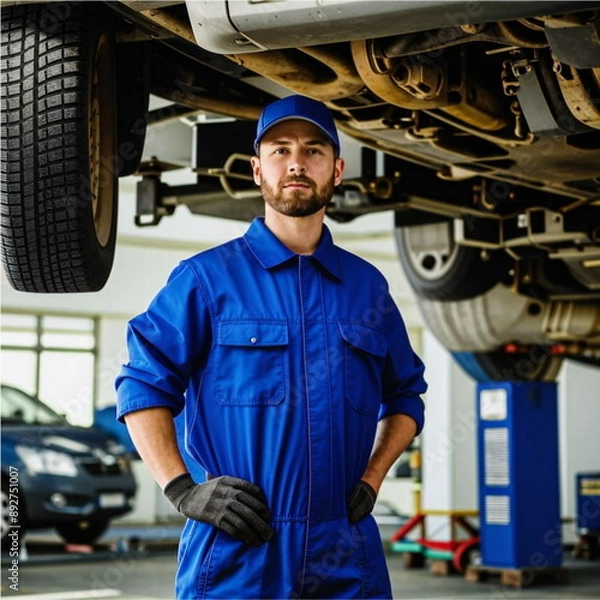 Fototapeta Car mechanic worker wearing a blue uniform and a cap, standing under the car in a modern garage room, and repairing or fixing automobile vehicle parts. Technician service and maintenance occupation