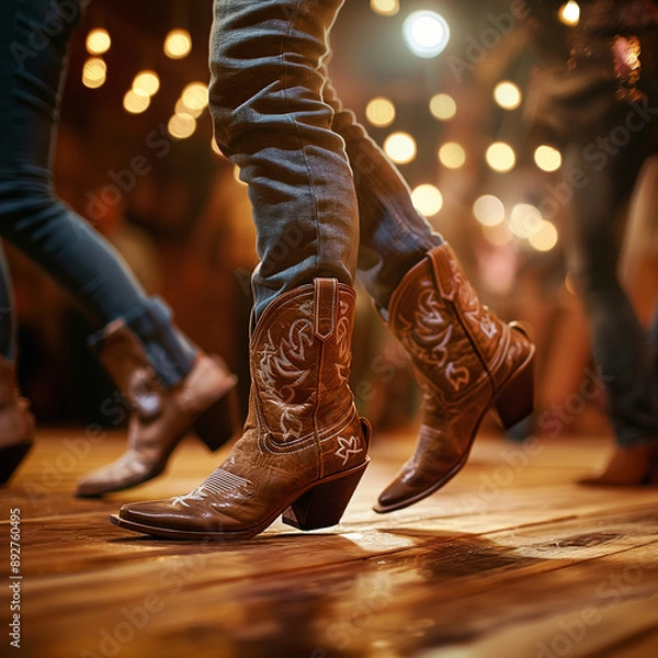 Fototapeta Close-up of cowboy boot stepping during country dance 