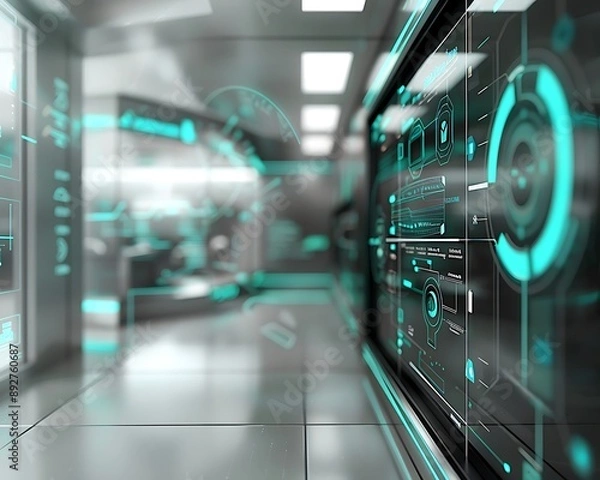 Obraz Sophisticated Grey and Turquoise Tech Background with Sleek Virtual Interface Elements in a Virtual Office, Perfect for Advanced Communication and Innovation Concepts