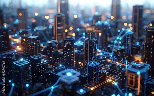 Fototapeta Sophisticated Modern City Model Background Featuring Wireless Network and Digital Connectivity Elements in a Hi-Tech Urban Setting