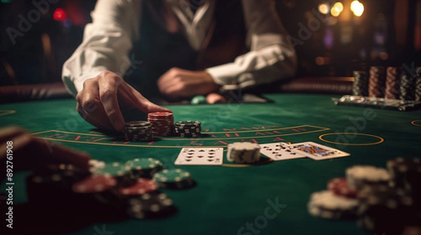 Fototapeta Hand placing poker chips on casino table during card game