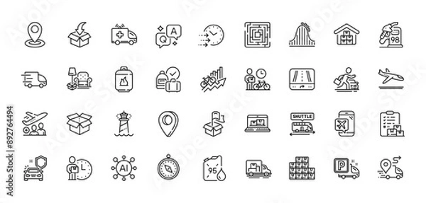 Obraz Open box, Gps and Delivery time line icons pack. AI, Question and Answer, Map pin icons. Delivery, Wholesale goods, Car secure web icon. Bike courier, Shuttle bus, Petrol station pictogram. Vector
