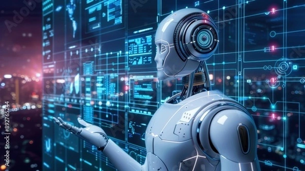 Fototapeta Futuristic Robot Interface Control in Advanced Technology Environment