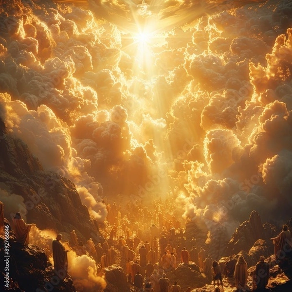 Fototapeta Majestic Heavenly Scene with Glowing Celestial Light Piercing Through Dramatic Clouds Over a Crowd of People on a Rugged LandscapeCelestial