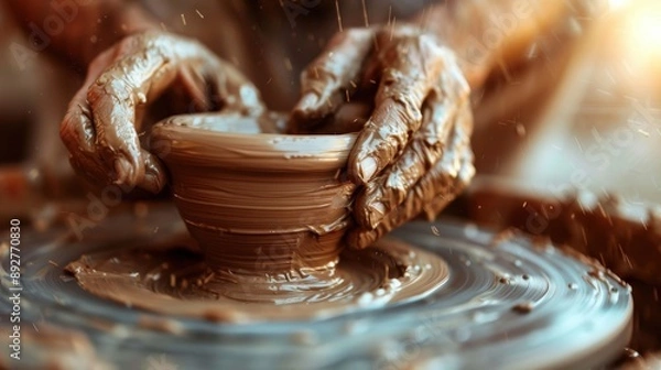 Obraz A close-up of a potter’s hands shaping soft clay into a bowl on a spinning wheel, emphasizing the intricate and skillful nature of this ancient craft.