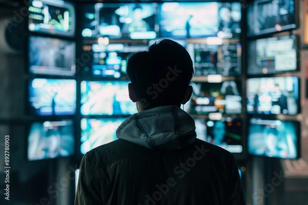 Fototapeta Silhouette of a Person Watching Multiple Screens