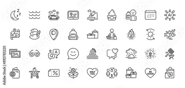 Obraz Car travel, Smile chat and Gps line icons pack. AI, Question and Answer, Map pin icons. Waves, Heart, Fish school web icon. Love glasses, Gas grill, Sale bags pictogram. Vector