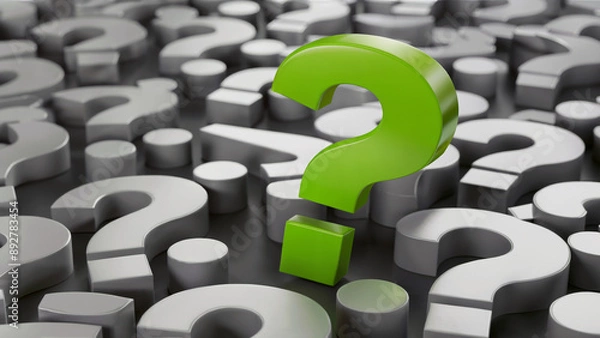 Fototapeta Green Question Mark Standing Out Among Gray Question Marks Symbolizing Uncertainty and Problem Solving in Abstract Conceptual Background