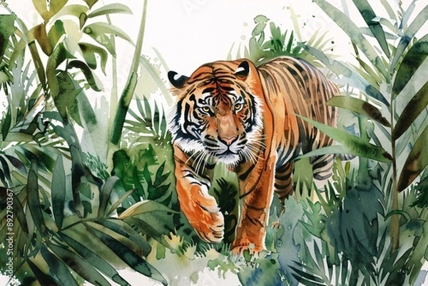 Fototapeta Majestic Tiger Prowling in Watercolor Jungle on White Background