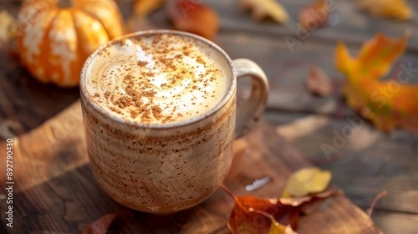 Fototapeta Pumpkin spice latte art with autumn leaves