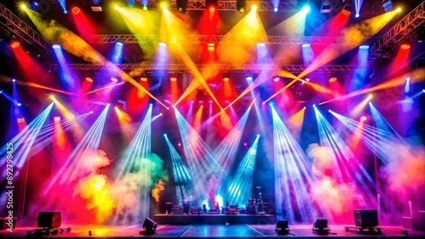 Fototapeta Stage Lights and Smoke, Concert Setup, Entertainment Event, Performance Lighting, Stage Design, concert, music