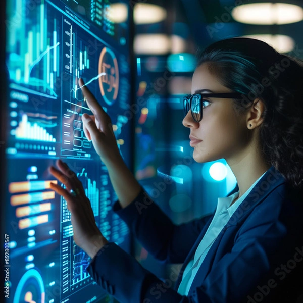 Fototapeta a girl corporate attire depicting business statistics and graphics with a futuristic concept,  woman works on computer, backround digital hologram