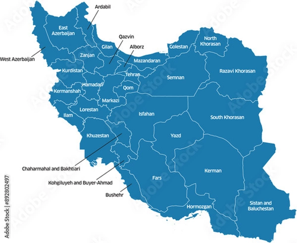 Fototapeta Colorful editable vector political map of Iran, showing its various provinces. Each province is labeled with its name.