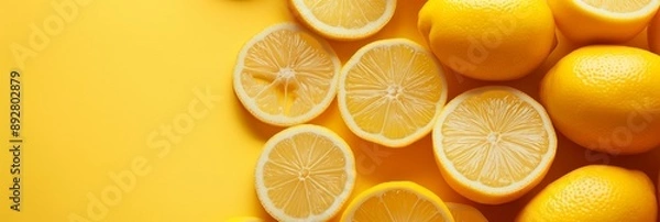 Fototapeta Freshly sliced lemons on a vibrant yellow background. A refreshing and citrus-themed image ideal for culinary blogs, advertisements, and summer-themed designs.